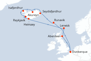 Carte itinéraire croisière Islande, terre de feu et de geysers - 14 jours au départ de Dunkerque - Europe du Nord