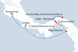 Carte itinéraire croisière Canal de Panama et joyaux d?Amérique centrale - 7 jours au départ de Puntarenas - Riviera Mexicaine