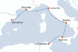 Carte itinéraire croisière Tunisie, Italie, France, Espagne - 5 jours au départ de La Goulette - Méditerranée