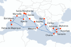 Carte itinéraire croisière - 21 jours au départ de Athenes - Méditerranée