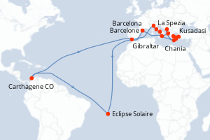 Carte itinéraire croisière  - 21 jours au départ de Barcelona - Méditerranée