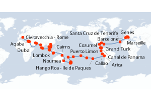 Carte itinéraire croisière Italie, France, Espagne, États-Unis, Bahamas, Mexique, Costa Rica, Panama, Équateur, Pérou, Chili, Royaume-Uni, Tonga, Nouvelle-Calédonie, Nouvelle-Zélande, Australie, Indonésie, Vietnam, Thaïlande, Cambodge, Singapour, M - 115 jours au départ de Civitavecchia - Rome - Tour du Monde