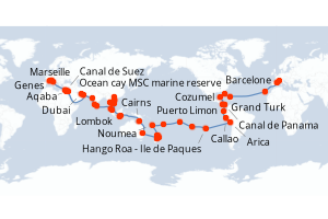 Carte itinéraire croisière France, Espagne, États-Unis, Bahamas, Mexique, Costa Rica, Panama, Équateur, Pérou, Chili, Royaume-Uni, Tonga, Nouvelle-Calédonie, Nouvelle-Zélande, Australie, Indonésie, Vietnam, Thaïlande, Cambodge, Singapour, Malaisie - 115 jours au départ de Marseille - Tour du Monde