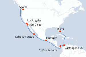Carte itinéraire croisière Colombie, Panama, Mexique, États-Unis - 18 jours au départ de Miami - Alaska