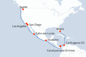 Carte itinéraire croisière États-Unis, Mexique, Panama, Colombie - 19 jours au départ de Seattle - Caraïbes Bahamas