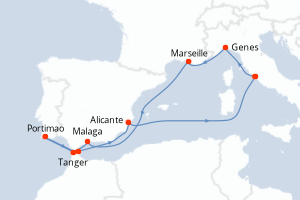 Carte itinéraire croisière Italie, France, Espagne, Maroc, Portugal - 10 jours au départ de Civitavecchia - Rome - Méditerranée