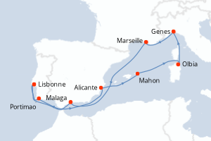 Carte itinéraire croisière Portugal, Italie, France, Espagne - 10 jours au départ de Lisbonne - Atlantique