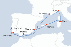 Carte itinéraire croisière Espagne, Portugal, Italie, France - 10 jours au départ de Malaga - Méditerranée