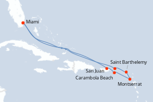 Carte itinéraire croisière États-Unis, Porto Rico, Royaume-Uni, France - 10 jours au départ de Miami - Caraïbes Bahamas