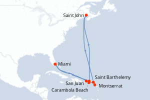Carte itinéraire croisière États-Unis, Porto Rico, France, Canada, Royaume-Uni - 11 jours au départ de Miami - Caraïbes Bahamas