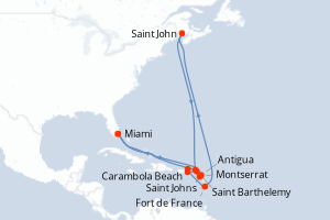 Carte itinéraire croisière États-Unis, Royaume-Uni, France, Canada, Antigua-et-Barbuda - 14 jours au départ de Miami - Caraïbes Bahamas