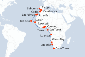 Carte itinéraire croisière Afrique du Sud, Namibie, Angola, Sao Tomé et Principe, Benin, Ghana, Sénégal, Cap-Vert, Espagne, Maroc, Portugal - 30 jours au départ de Cape Town - Atlantique