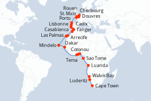 Carte itinéraire croisière Afrique du Sud, Namibie, Angola, Sao Tomé et Principe, Benin, Ghana, Sénégal, Cap-Vert, Espagne, Maroc, Portugal, France, Royaume-Uni - 38 jours au départ de Cape Town - Europe du Nord