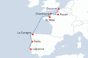 Carte itinéraire croisière Portugal, Espagne, France, Royaume-Uni - 8 jours au départ de Lisbonne - Europe du Nord