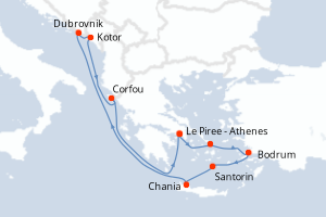 Carte itinéraire croisière Grèce, Turquie, Croatie, Monténégro - 10 jours au départ de Le Piree - Athenes - Méditerranée