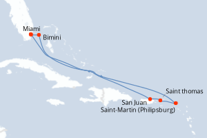 Carte itinéraire croisière États-Unis, Pays-Bas, Porto Rico, Bahamas - 9 jours au départ de Miami - Caraïbes Bahamas