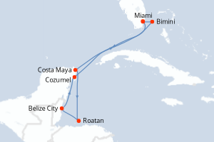 Carte itinéraire croisière États-Unis, Mexique, Honduras, Belize, Bahamas - 8 jours au départ de Miami - Caraïbes Bahamas