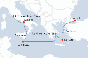 Carte itinéraire croisière Italie, Malte, Grèce, Turquie - 9 jours au départ de Civitavecchia - Rome - Méditerranée