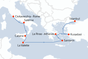 Carte itinéraire croisière Italie, Malte, Grèce, Turquie - 9 jours au départ de Civitavecchia - Rome - Méditerranée