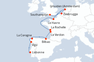 Carte itinéraire croisière Royaume-Uni, Pays-Bas, Belgique, France, Espagne, Portugal - 10 jours au départ de Southampton - Atlantique