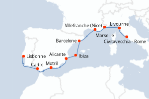 Carte itinéraire croisière Italie, France, Espagne, Portugal - 9 jours au départ de Civitavecchia - Rome - Atlantique
