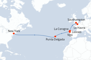 Carte itinéraire croisière Royaume-Uni, France, Espagne, Portugal, États-Unis - 14 jours au départ de Southampton - Transatlantique