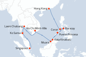 Carte itinéraire croisière Chine, Philippines, Malaisie, Brunei, Vietnam, Thaïlande, Singapour - 14 jours au départ de Hong Kong - Asie