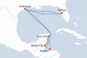 Carte itinéraire croisière États-Unis, Mexique, Honduras, Belize - 6 jours au départ de Tampa - Caraïbes Mexique