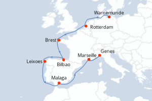 Carte itinéraire croisière Allemagne, Pays-Bas, France, Portugal, Espagne, Italie - 13 jours au départ de Warnemunde - Méditerranée