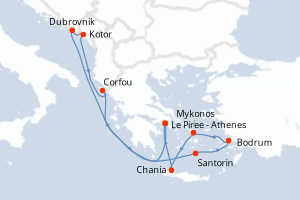 Carte itinéraire croisière Grèce, Croatie, Monténégro, Turquie - 11 jours au départ de Le Piree - Athenes - Méditerranée