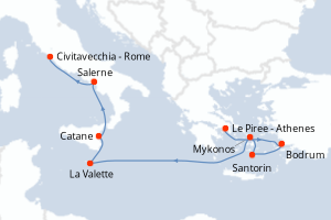 Carte itinéraire croisière Grèce, Turquie, Malte, Italie - 9 jours au départ de Le Piree - Athenes - Méditerranée