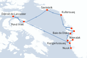 Carte itinéraire croisière Les secrets de la mer de Baffin - 13 jours au départ de Kangerlussuaq - Gröenland