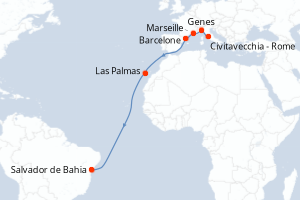 Carte itinéraire croisière Italie, France, Espagne, Brésil - 13 jours au départ de Civitavecchia - Rome - Transatlantique