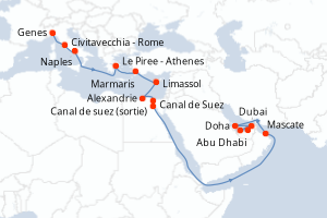 Carte itinéraire croisière Italie, Grèce, Turquie, Chypre, Egypte, Oman, Qatar, Emirats Arabes Unis - 23 jours au départ de Genes - Moyen-Orient Dubaï