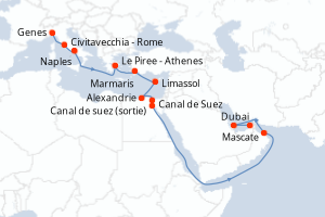 Carte itinéraire croisière Italie, Grèce, Turquie, Chypre, Egypte, Oman, Qatar, Emirats Arabes Unis - 21 jours au départ de Genes - Moyen-Orient Dubaï