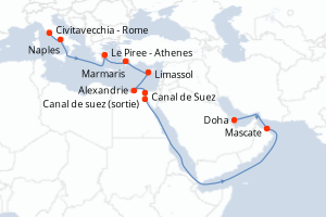 Carte itinéraire croisière Italie, Grèce, Turquie, Chypre, Egypte, Oman, Qatar - 18 jours au départ de Civitavecchia - Rome - Mer Rouge Océan Indien