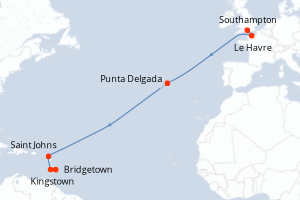 Carte itinéraire croisière Royaume-Uni, France, Portugal, Antigua-et-Barbuda, Saint Vincent-et-les-Grenadines, Barbade - 13 jours au départ de Southampton - Transatlantique