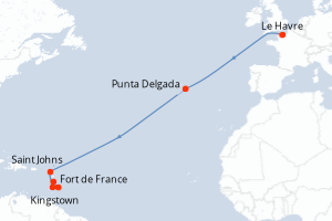 Carte itinéraire croisière Portugal, Antigua-et-Barbuda, Saint Vincent-et-les-Grenadines, Barbade, France - 13 jours au départ de Le Havre - Transatlantique