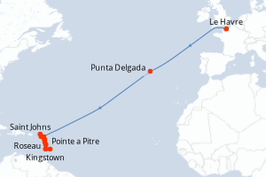 Carte itinéraire croisière Portugal, Antigua-et-Barbuda, Saint Vincent-et-les-Grenadines, Barbade, France, Pays-Bas, Royaume-Uni, Dominique - 21 jours au départ de Le Havre - Transatlantique