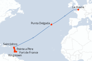 Carte itinéraire croisière Portugal, Antigua-et-Barbuda, Saint Vincent-et-les-Grenadines, Barbade, France - 14 jours au départ de Le Havre - Transatlantique