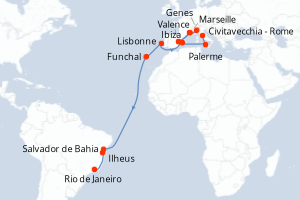 Carte itinéraire croisière Italie, Espagne, France, Portugal, Brésil - 22 jours au départ de Civitavecchia - Rome - Transatlantique
