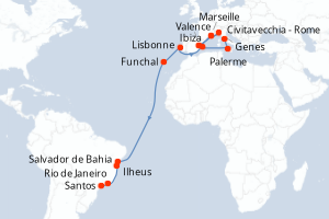 Carte itinéraire croisière Italie, Espagne, France, Portugal, Brésil - 23 jours au départ de Civitavecchia - Rome - Transatlantique