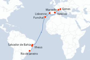 Carte itinéraire croisière Italie, France, Espagne, Portugal, Brésil - 16 jours au départ de Genes - Transatlantique