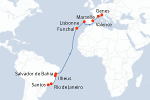 Carte itinéraire croisière Italie, France, Espagne, Portugal, Brésil - 17 jours au départ de Genes - Transatlantique