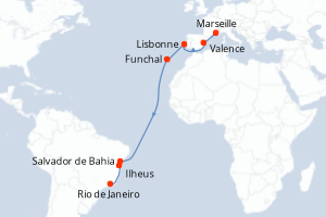 Carte itinéraire croisière France, Espagne, Portugal, Brésil - 15 jours au départ de Marseille - Transatlantique