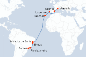 Carte itinéraire croisière France, Espagne, Portugal, Brésil - 16 jours au départ de Marseille - Transatlantique