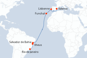 Carte itinéraire croisière Espagne, Portugal, Brésil - 14 jours au départ de Valence - Transatlantique