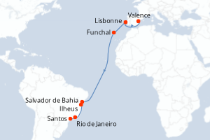 Carte itinéraire croisière Espagne, Portugal, Brésil - 15 jours au départ de Valence - Transatlantique