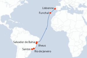 Carte itinéraire croisière Portugal, Brésil - 13 jours au départ de Lisbonne - Brésil