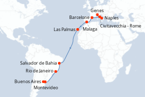 Carte itinéraire croisière Italie, Espagne, Brésil, Uruguay, Argentine - 21 jours au départ de Naples - Transatlantique